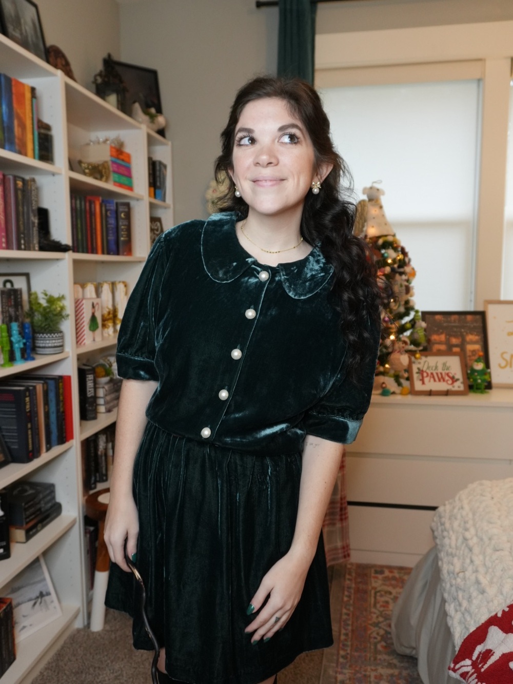Modcloth Dark Green Velvet Peter Pan Collar Dress with Pearl Buttons